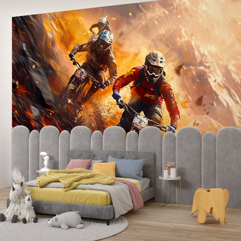 Extreme sports wall mural featured in a modern home gym with motocross action