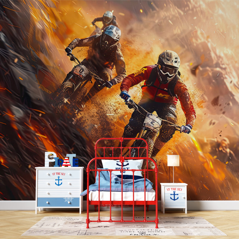 Racing wallpaper creating impact in a contemporary entertainment room setup