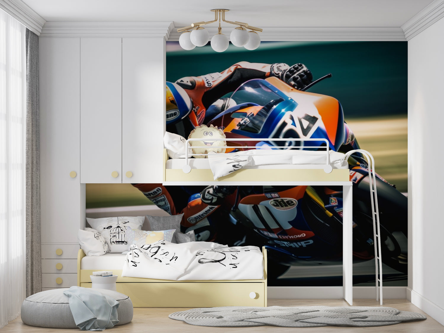 Racing motorcycle wallpaper in modern living room showing orange and blue bike against emerald background
