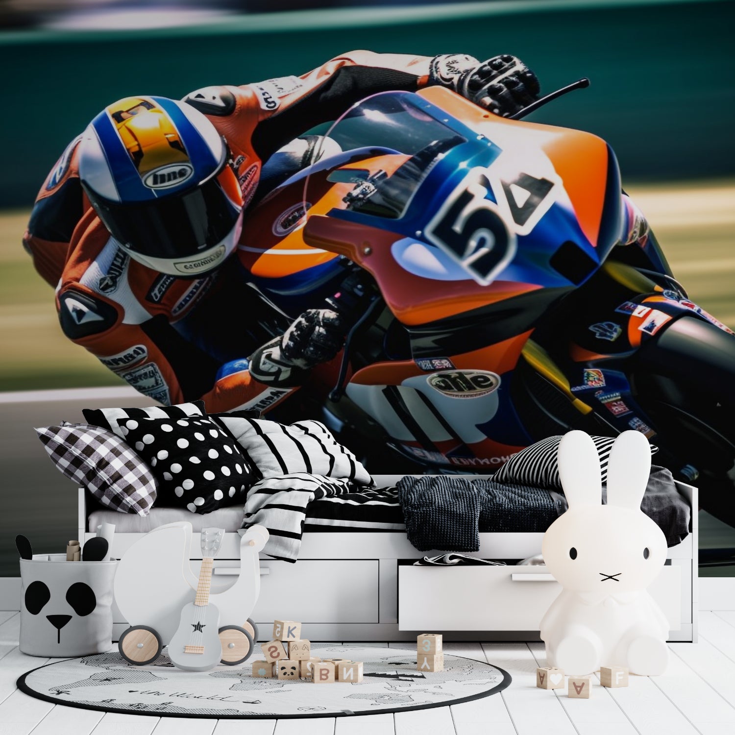 Sports bike wallpaper installed in gaming room showing perfect motion capture