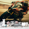 Racing motorcycle wallpaper creating bold impact in modern living room with grey sofa and minimalist decor