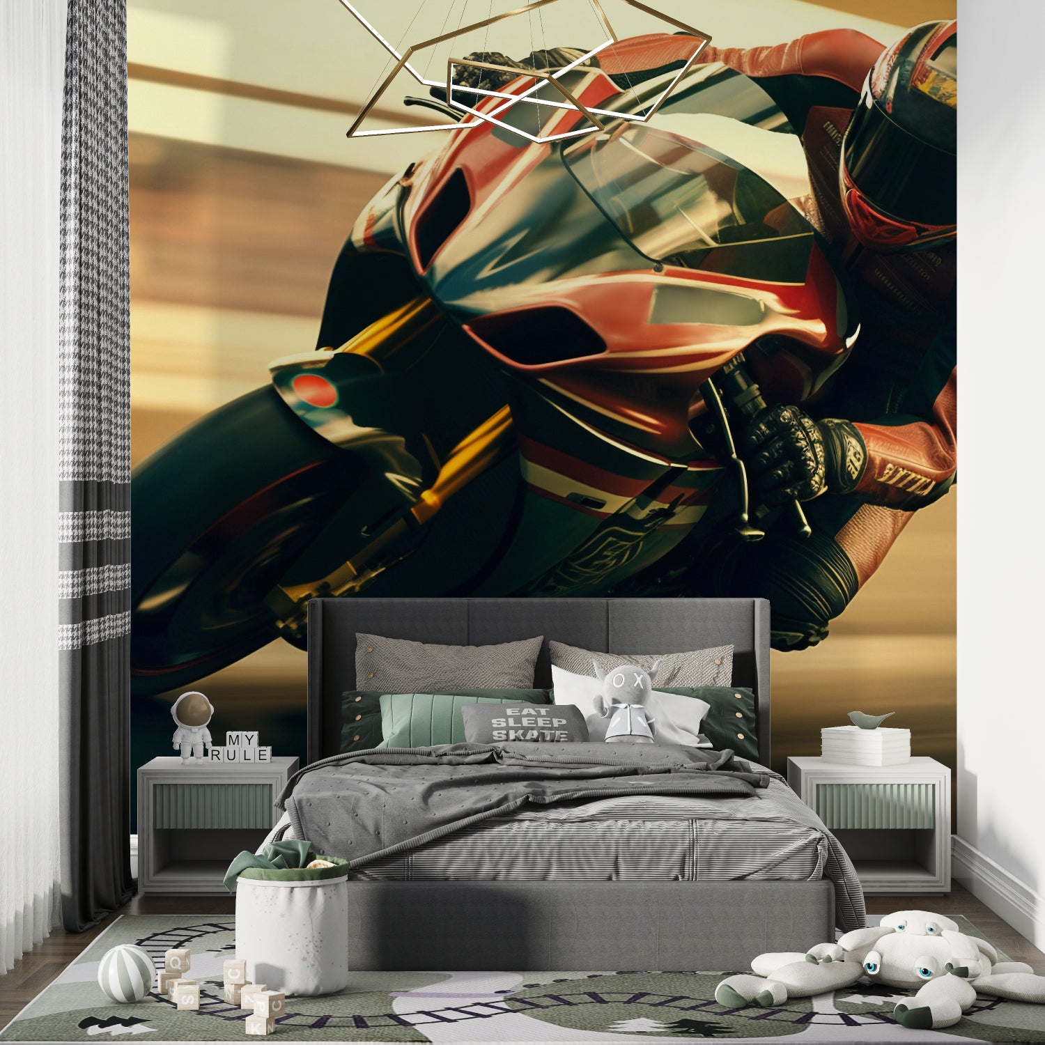Motorcycle wall mural bringing energy to teen bedroom with gaming setup