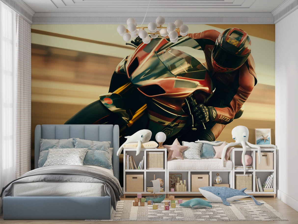 Sports themed motorcycle wallpaper in man cave with leather furniture