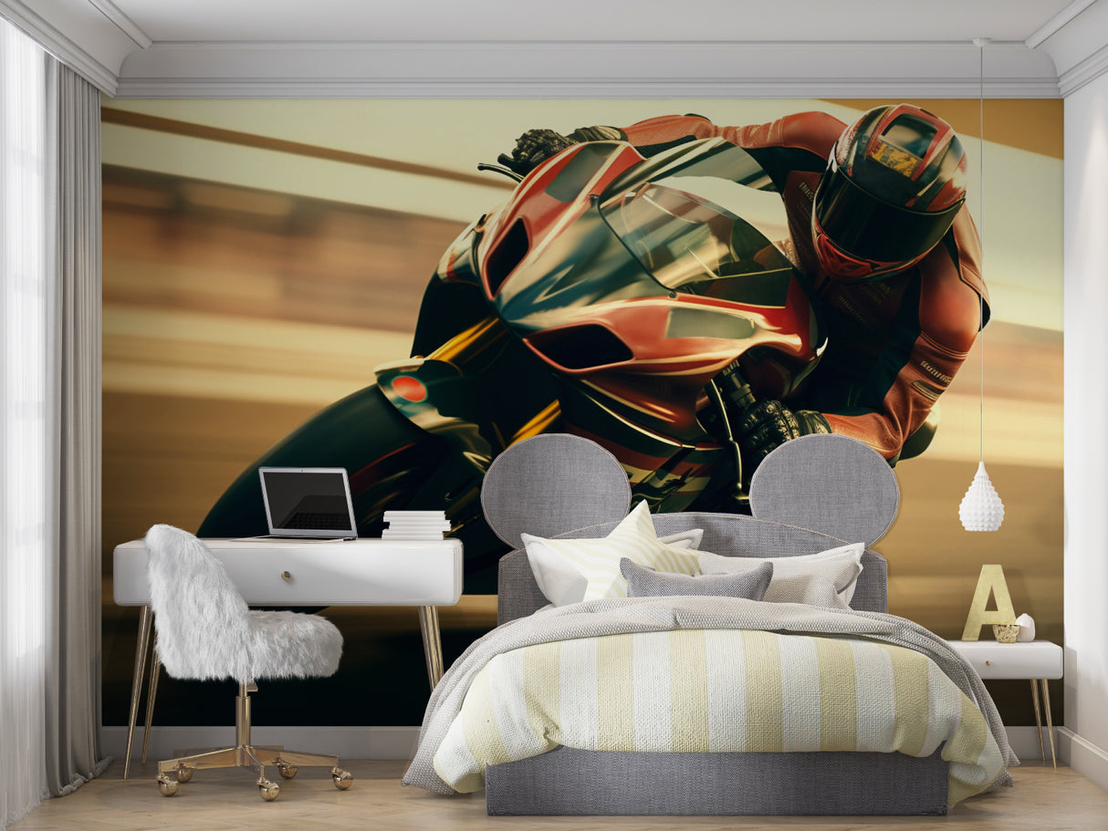 Dynamic racing motorcycle mural in home office with industrial style