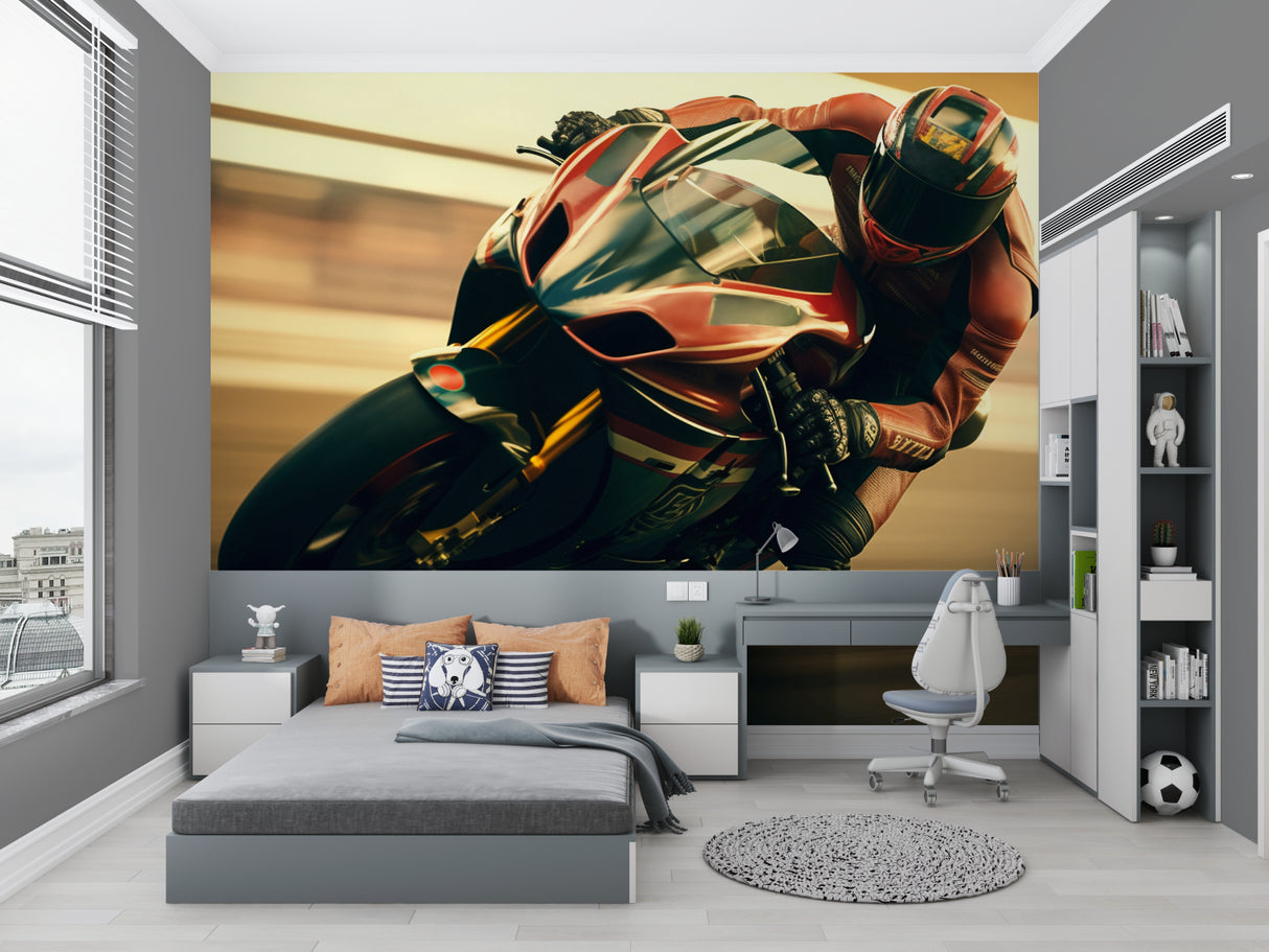 Sports wallpaper featuring motorcycle in entertainment room setting