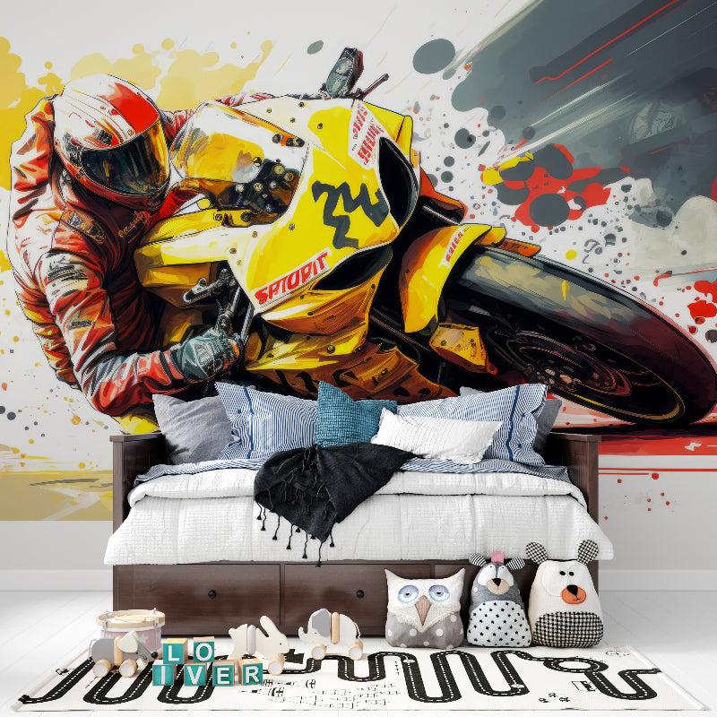 Dynamic racing motorcycle design transforming modern living room wall