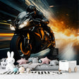 Racing motorcycle wallpaper bringing speed and style to a modern teen bedroom with orange accent lighting