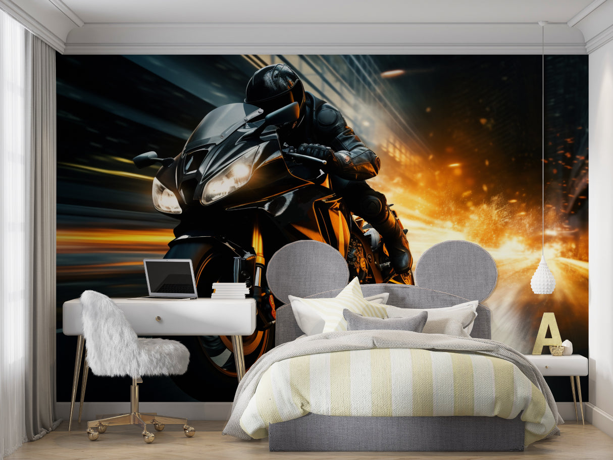 Motorcycle mural creating dramatic impact in a stylish game room with dark walls