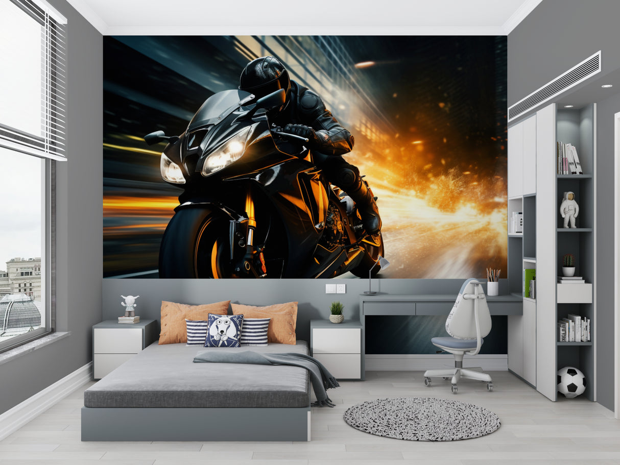 Sports bike wall mural adding energy to a modern living space