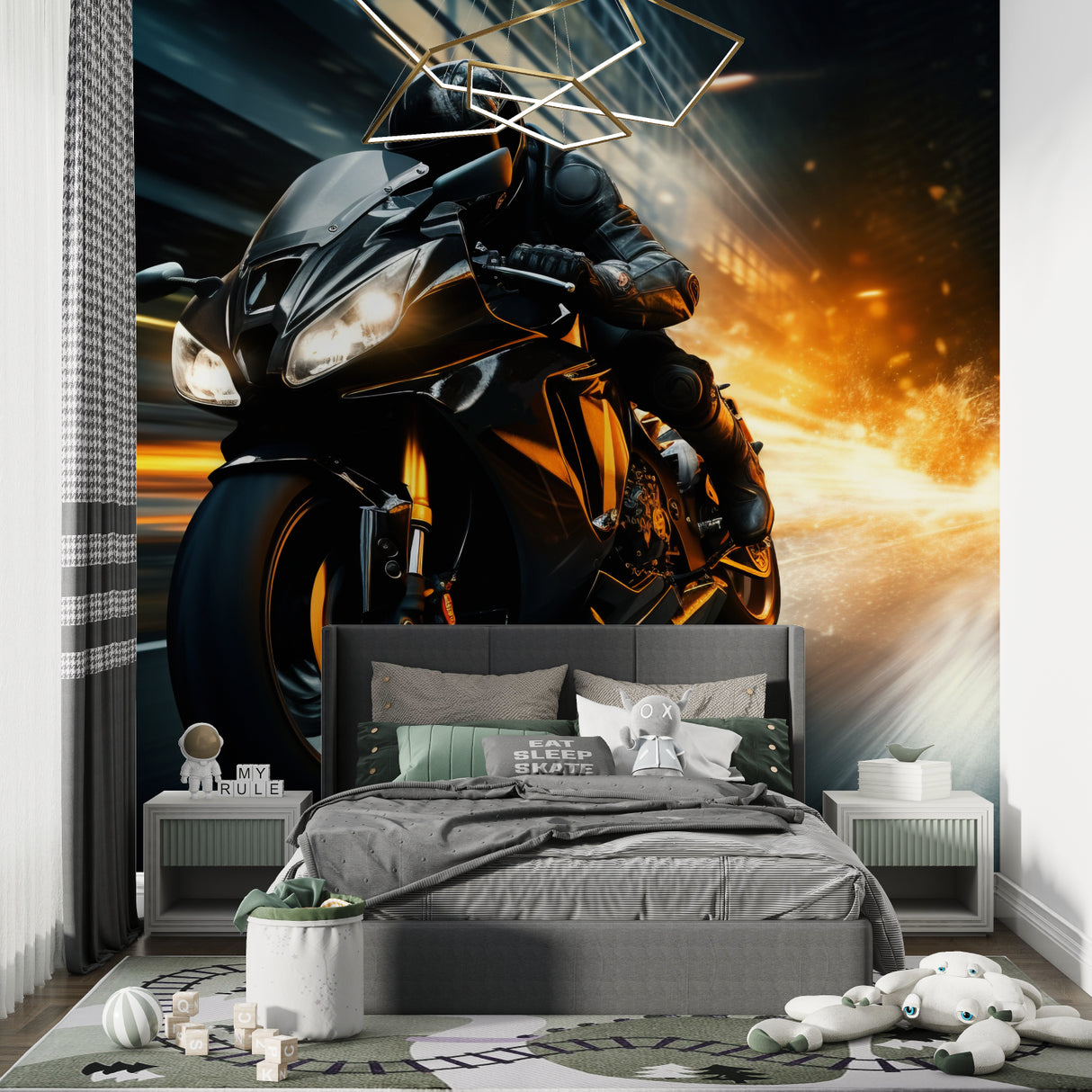 Motorcycle racing design transforming a man cave with bold black and orange tones