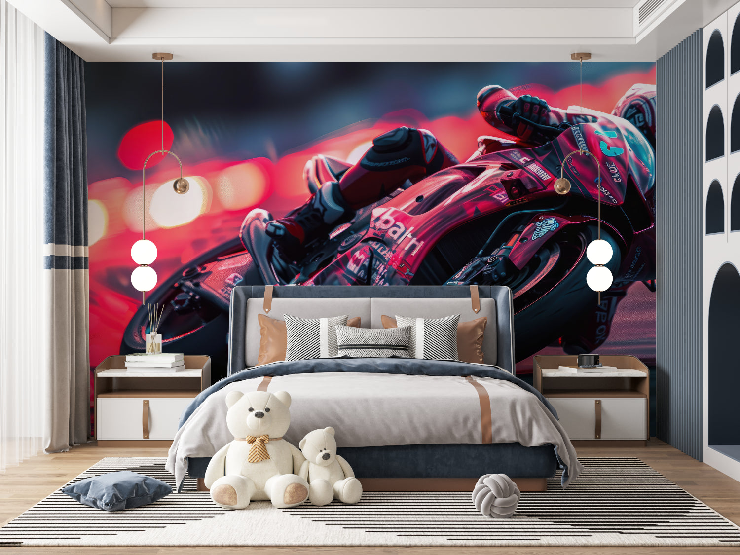 Dynamic Motorcycle Mural installed in modern entertainment space
