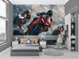 Motorcycle racing wallpaper creating high-energy atmosphere in modern teen bedroom with gaming setup