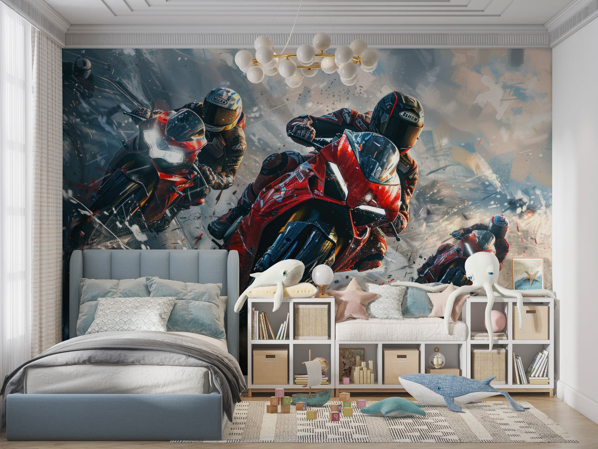 Dynamic motorcycle mural adding excitement to sports fan's living room with red accents