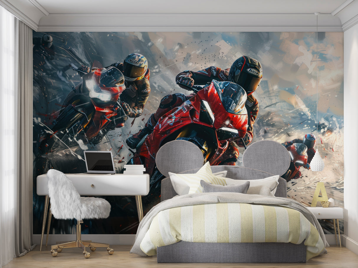 Racing bikes wallpaper bringing speed and action to contemporary home office space