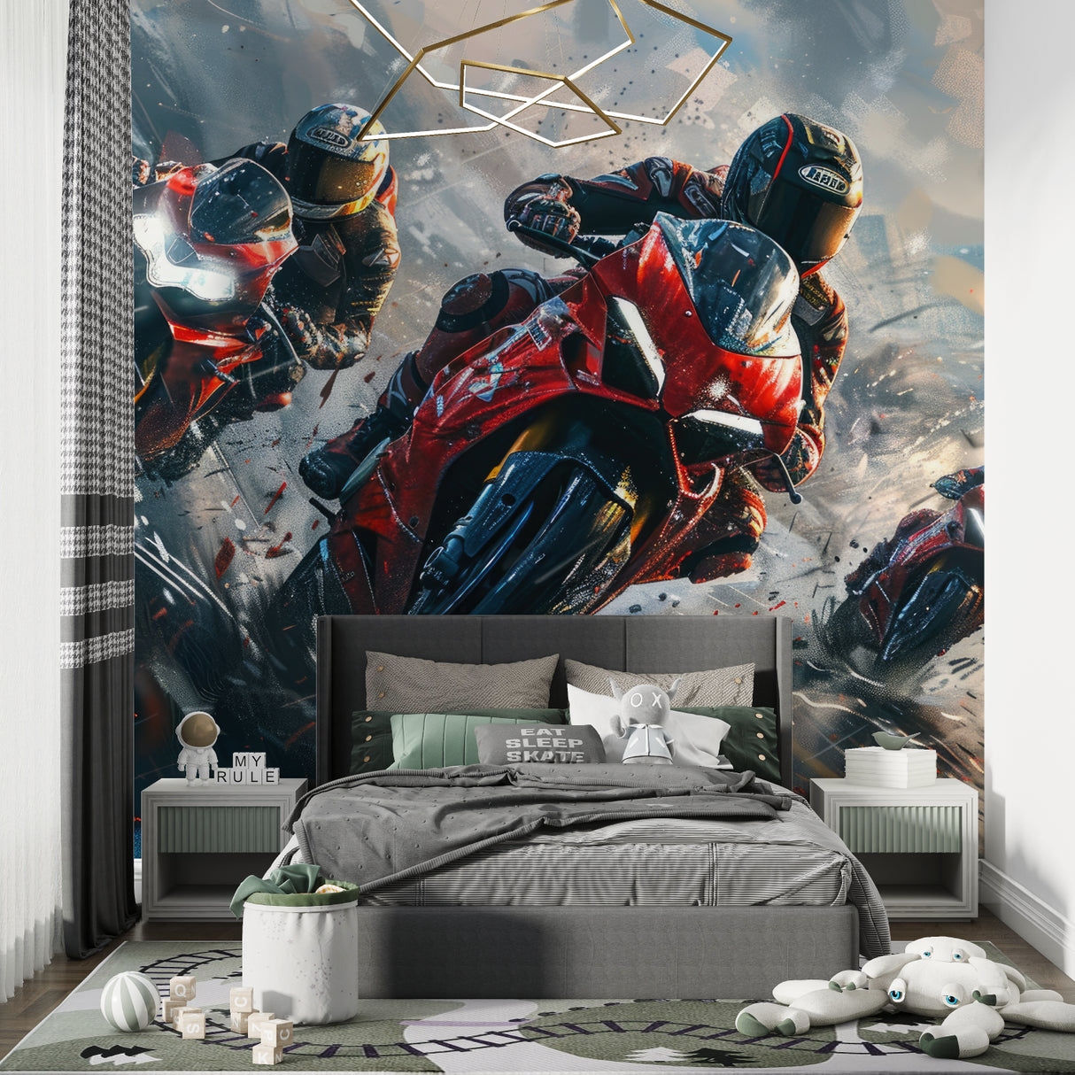Sports action wallpaper showcasing racing motorcycles in stylish entertainment room