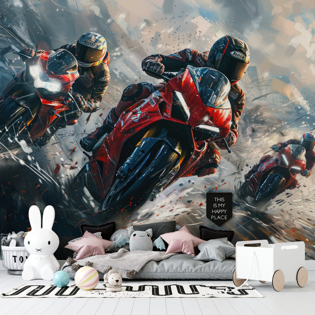 Motorcycle wall mural adding energy to urban loft game room with modern furniture