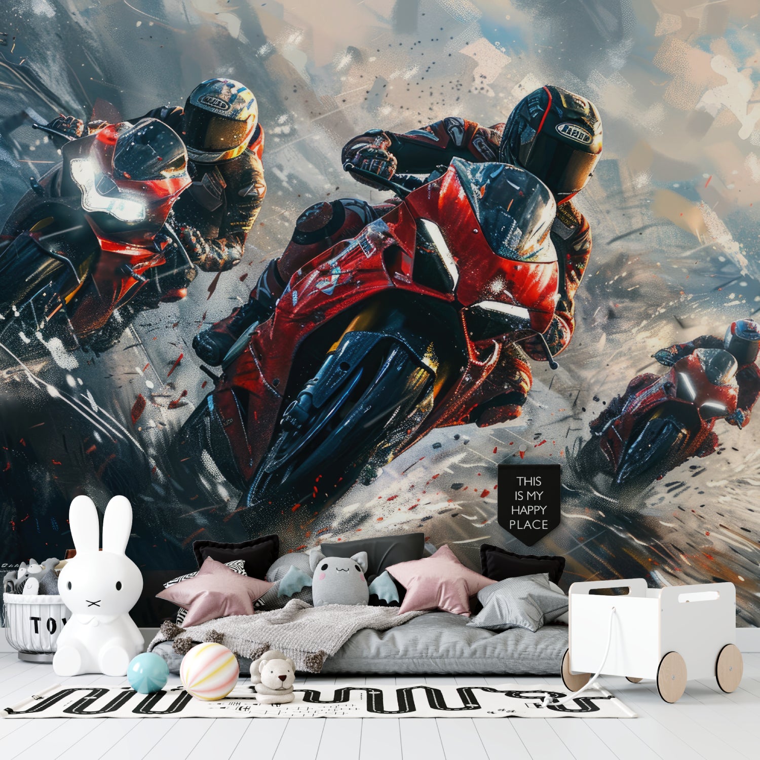 Motorcycle wall mural adding energy to urban loft game room with modern furniture