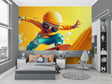 Skateboard wallpaper mural bringing life to a modern teen bedroom with its dynamic yellow and turquoise design