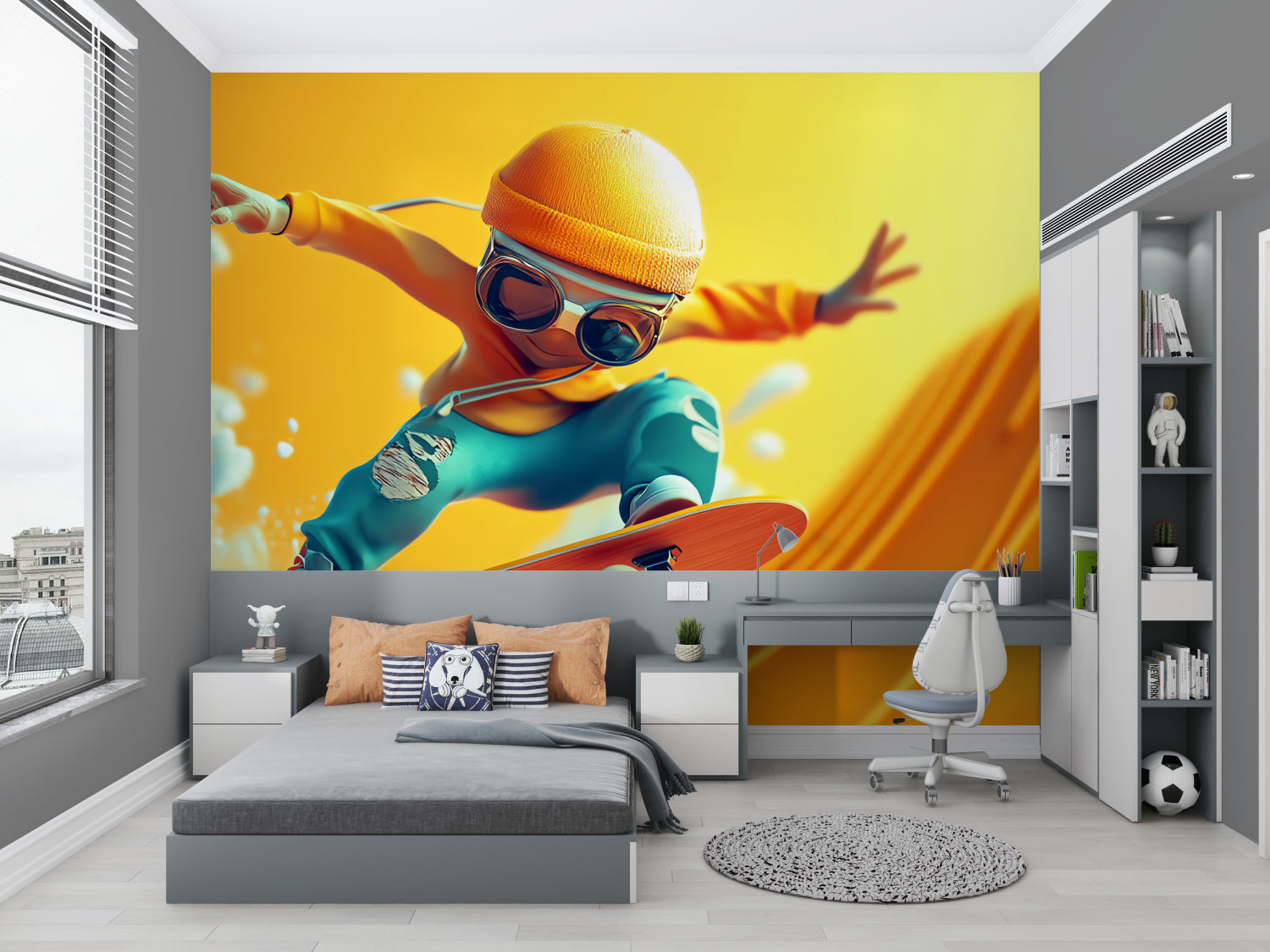 Skateboard wallpaper mural bringing life to a modern teen bedroom with its dynamic yellow and turquoise design