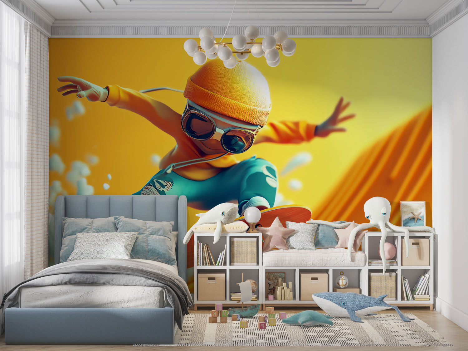 Sports wall mural showcased in a trendy game room, highlighting the skateboarding action scene