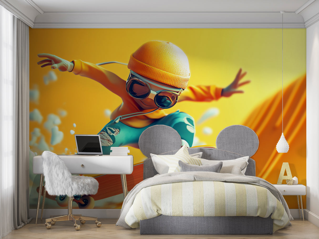 Urban skateboard wallpaper displayed in a cool hangout space with modern furniture