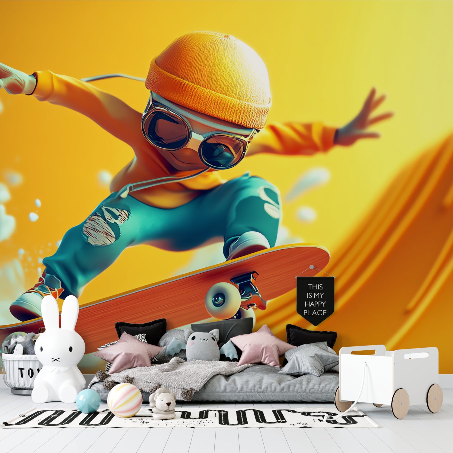 Skateboarding mural creating an energetic vibe in a youth recreation center