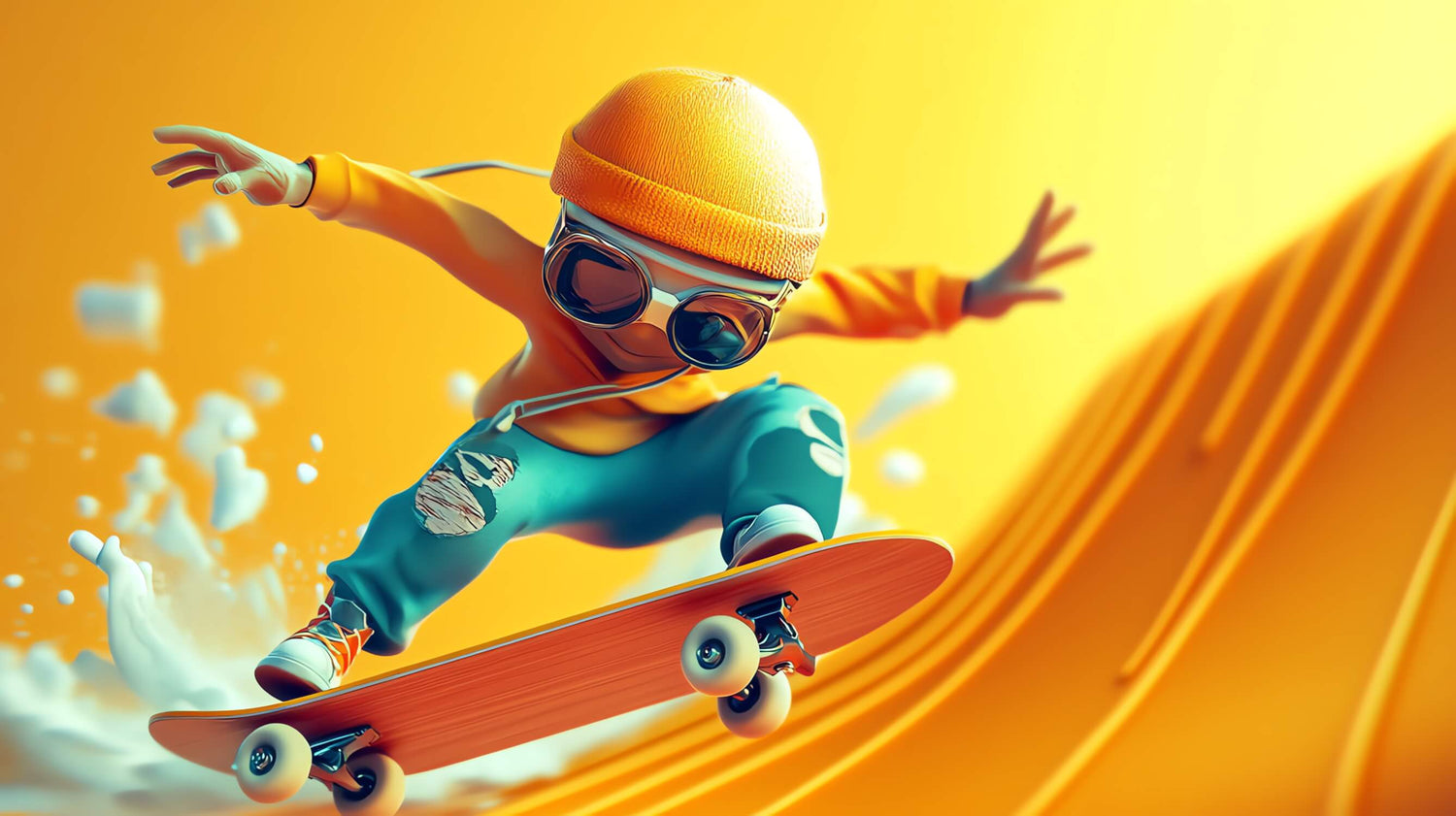 Design file showing the complete skateboarding mural pattern with vibrant yellow-orange backdrop and turquoise details