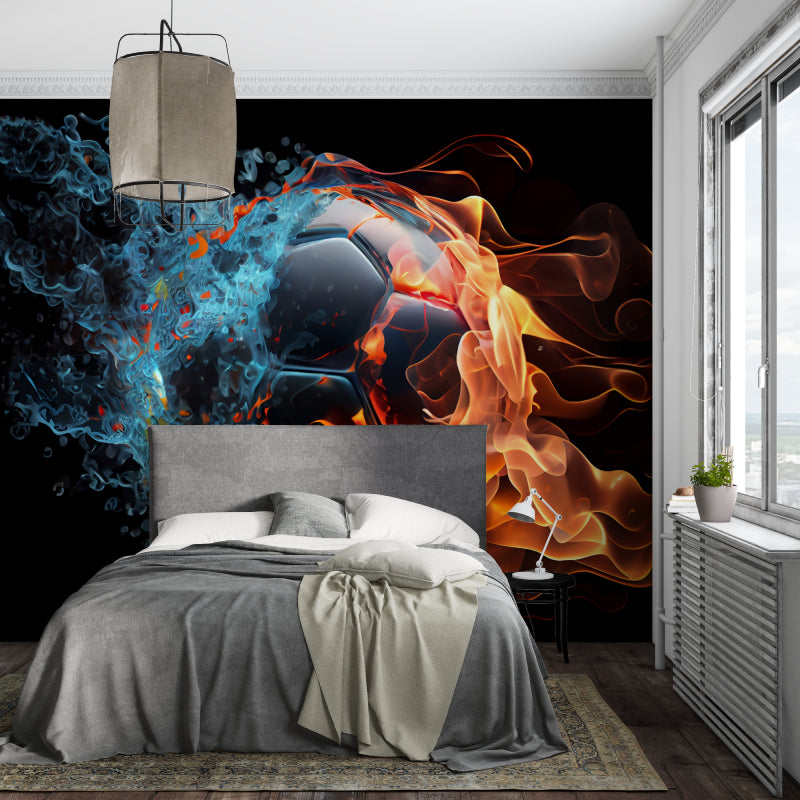 Sports themed wall mural showcased in home gym with dramatic lighting