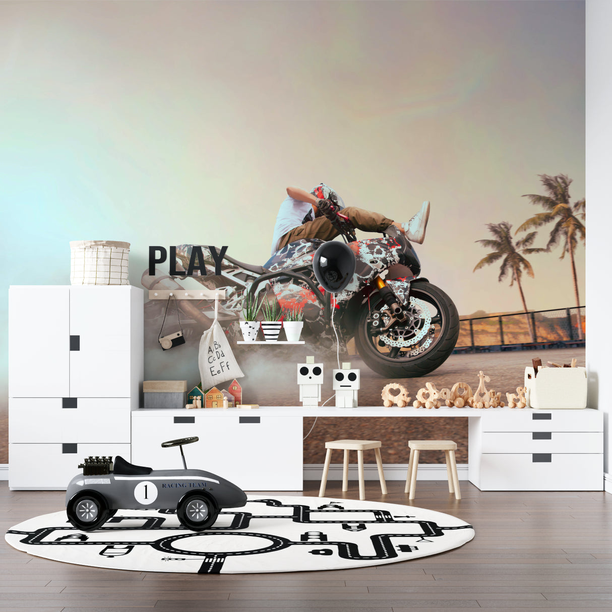Motorcycle wallpaper mural bringing dynamic energy to a modern living room with black and white furniture
