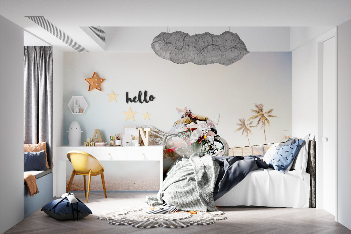 Sports themed motorcycle wall mural creating an eye-catching feature in a teen bedroom