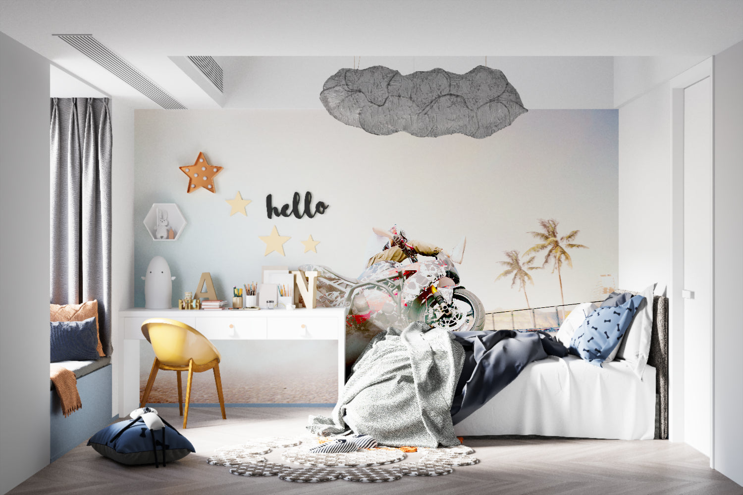 Sports themed motorcycle wall mural creating an eye-catching feature in a teen bedroom