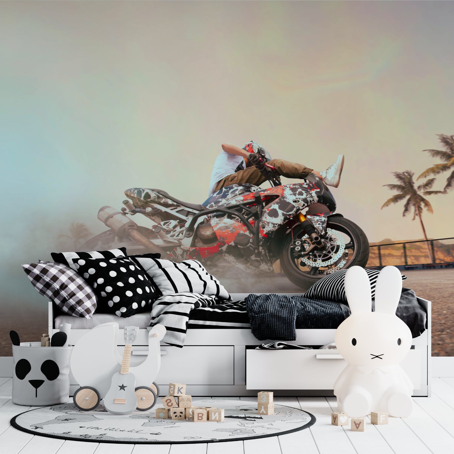 Freestyle motorcycle mural adding urban style to a contemporary game room setup