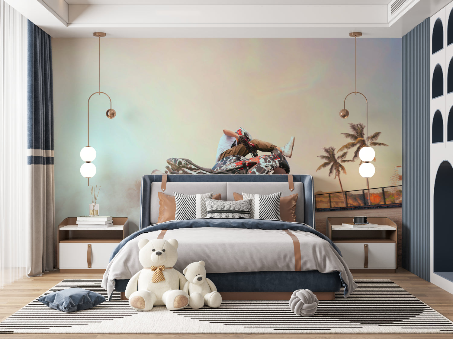 Sports wall mural with motorcycle design enhancing a modern home office space