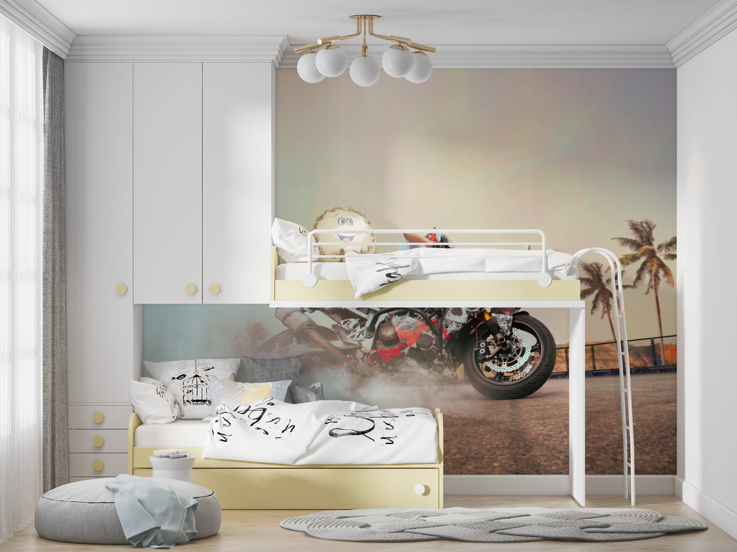 Motorcycle sports mural bringing excitement to an urban style entertainment room