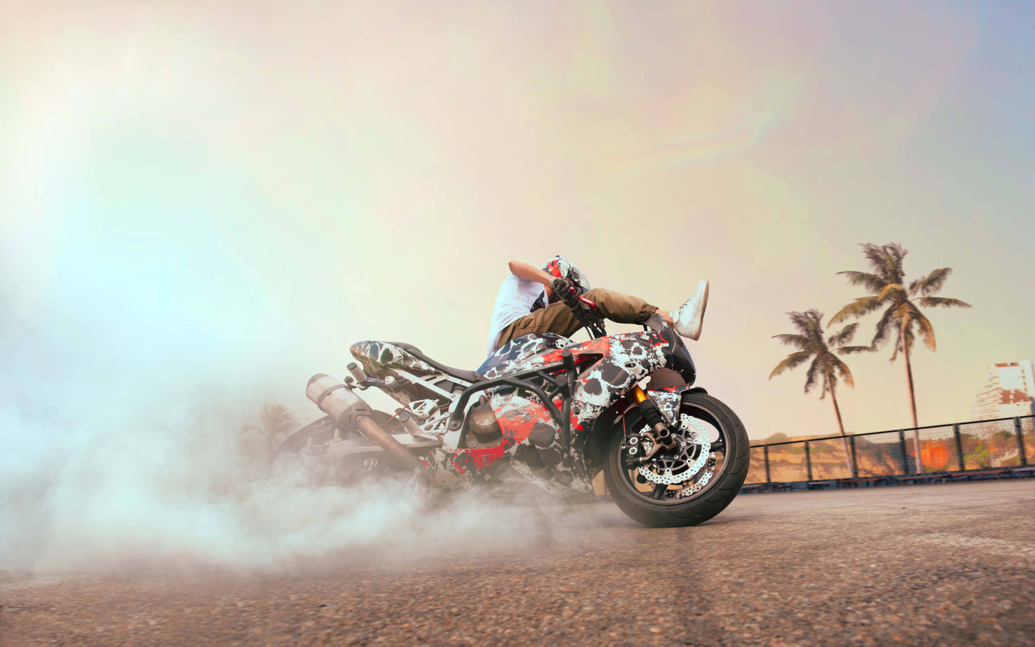 Design file of motorcycle sports wallpaper showing detailed pattern with sunset and palm tree elements