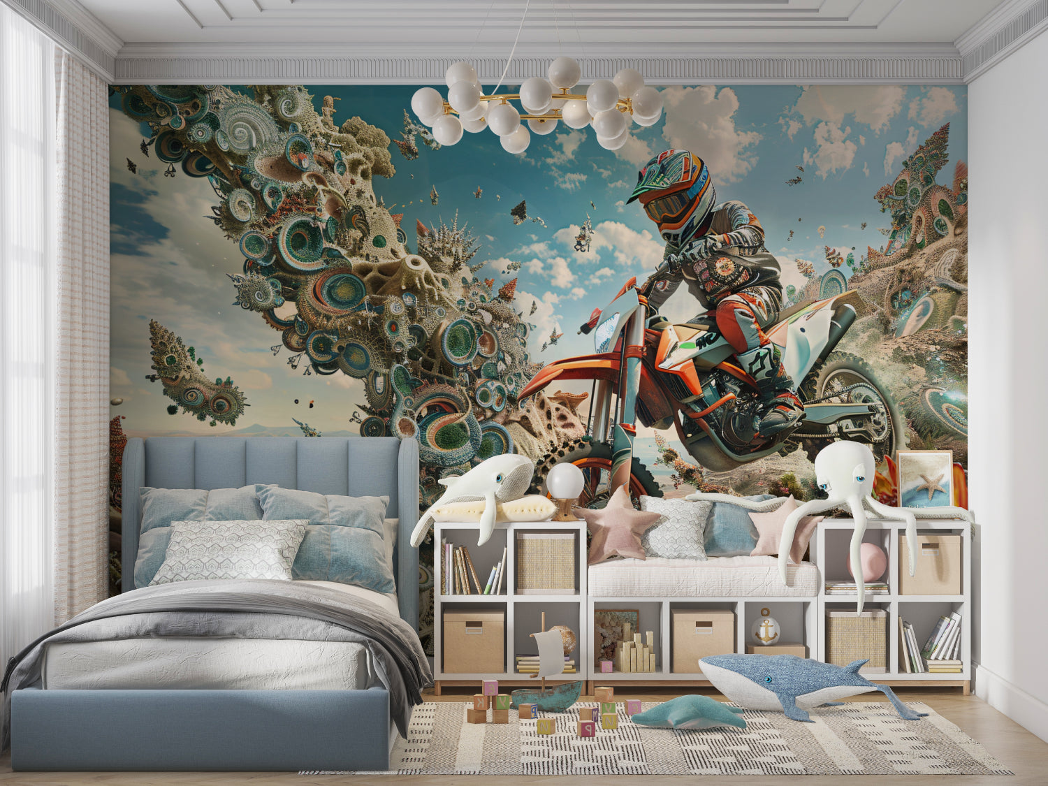 Motocross wallpaper bringing energy to a modern gaming room with turquoise and beige tones