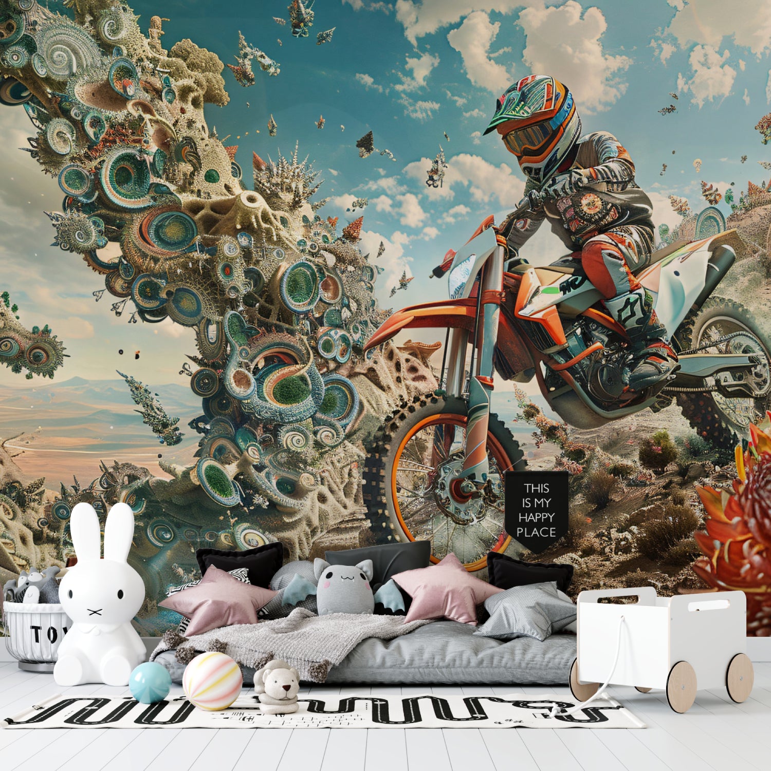 Sports themed home office showcasing motorcycle action wallpaper design