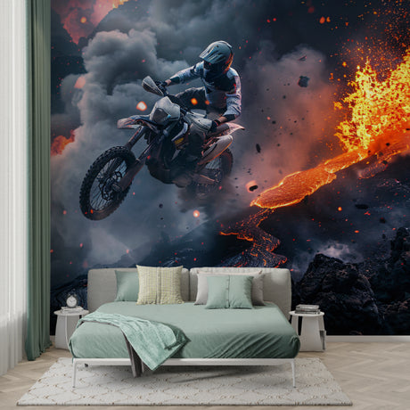 Motocross wallpaper bringing action and energy to a modern teen bedroom with gaming setup