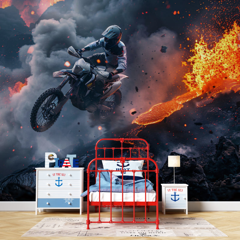 Sports mural featuring motorcycle and volcano scene transforming a game room wall