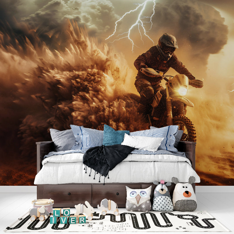 Sports mural in game room featuring dramatic motocross action and desert landscape