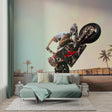 Motocross wallpaper bringing energy to a modern teen bedroom with blue accent walls