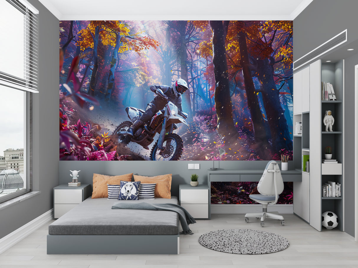 Sports themed wall mural in gaming room showing motocross action