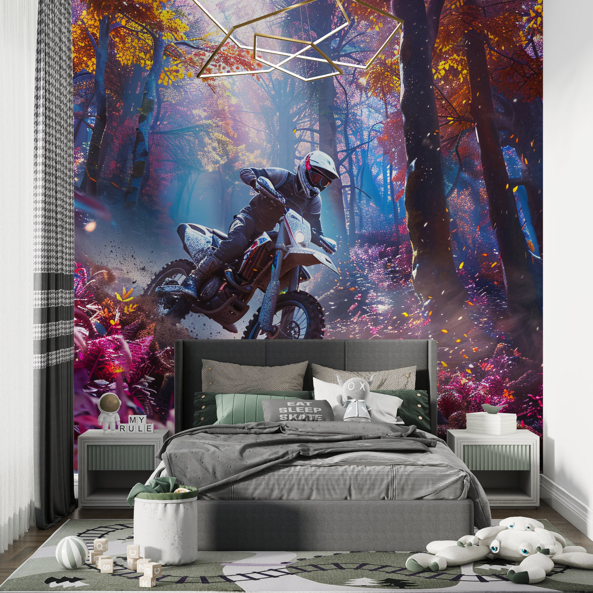 Motocross forest mural creating depth in home office space