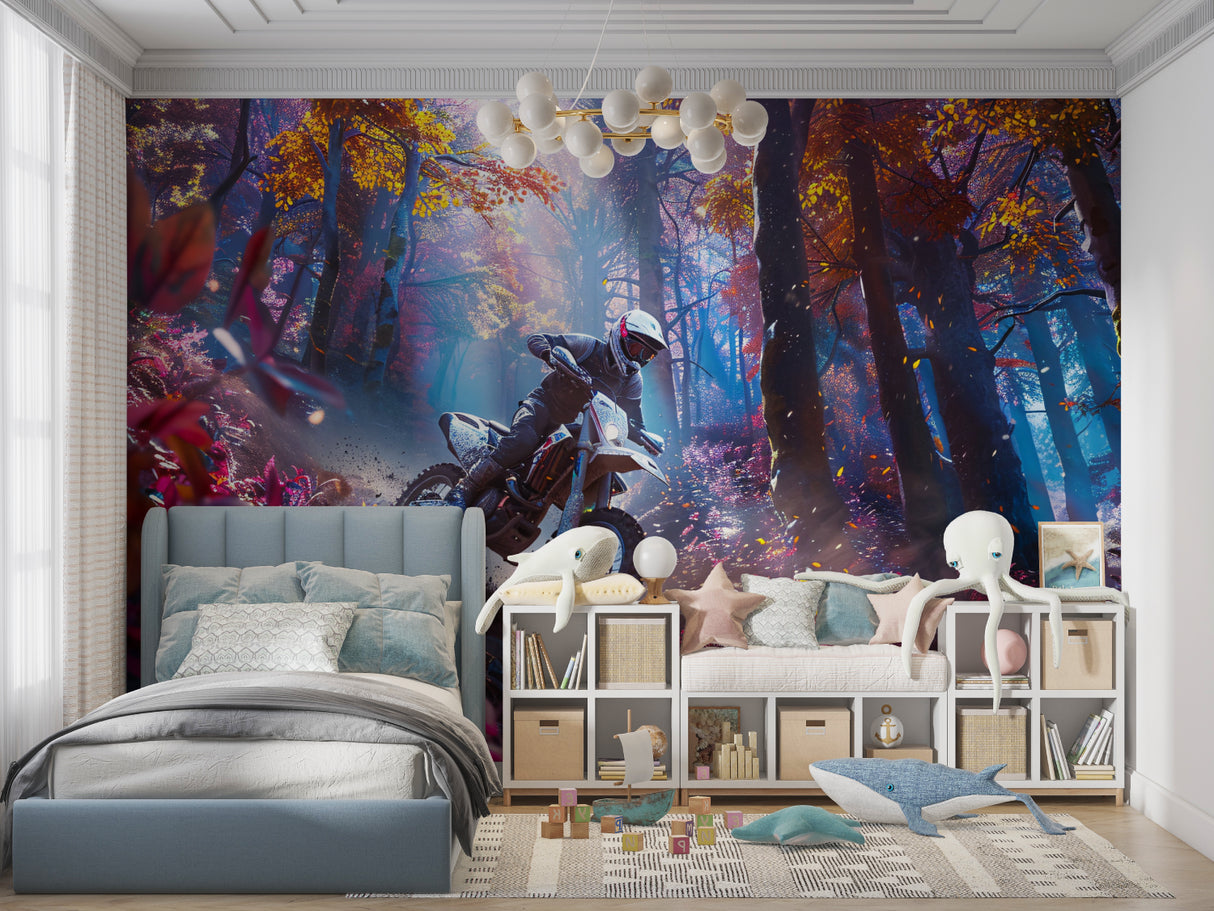Action sports wallpaper installation in man cave with mood lighting