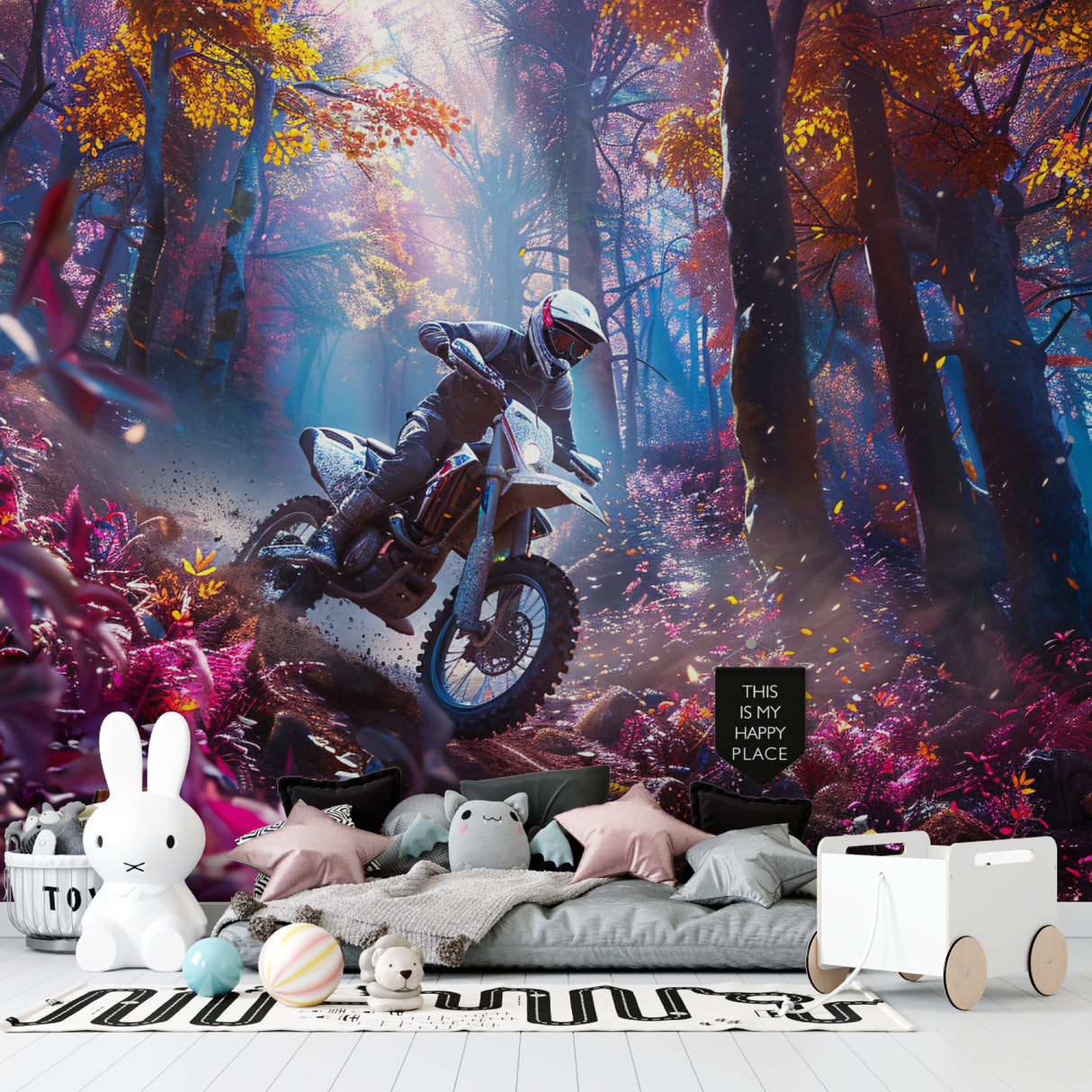 Motorcycle wall mural enhancing urban loft living room