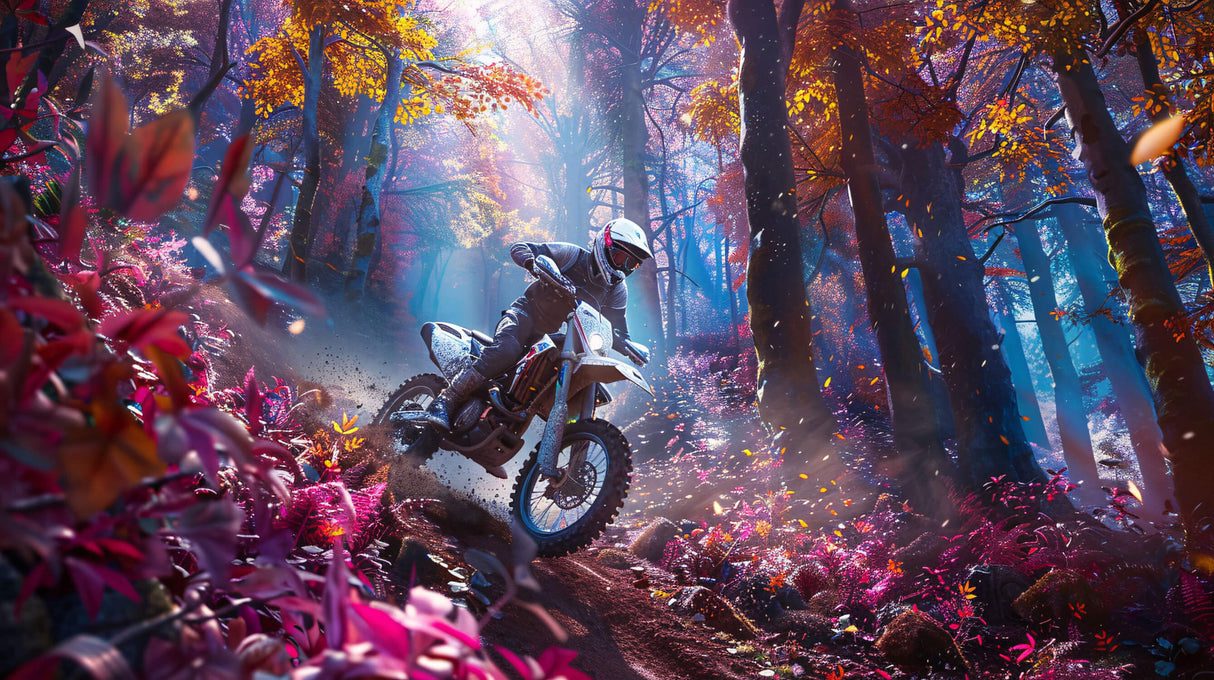 Design file showing detailed motocross rider jumping through mystical forest scene