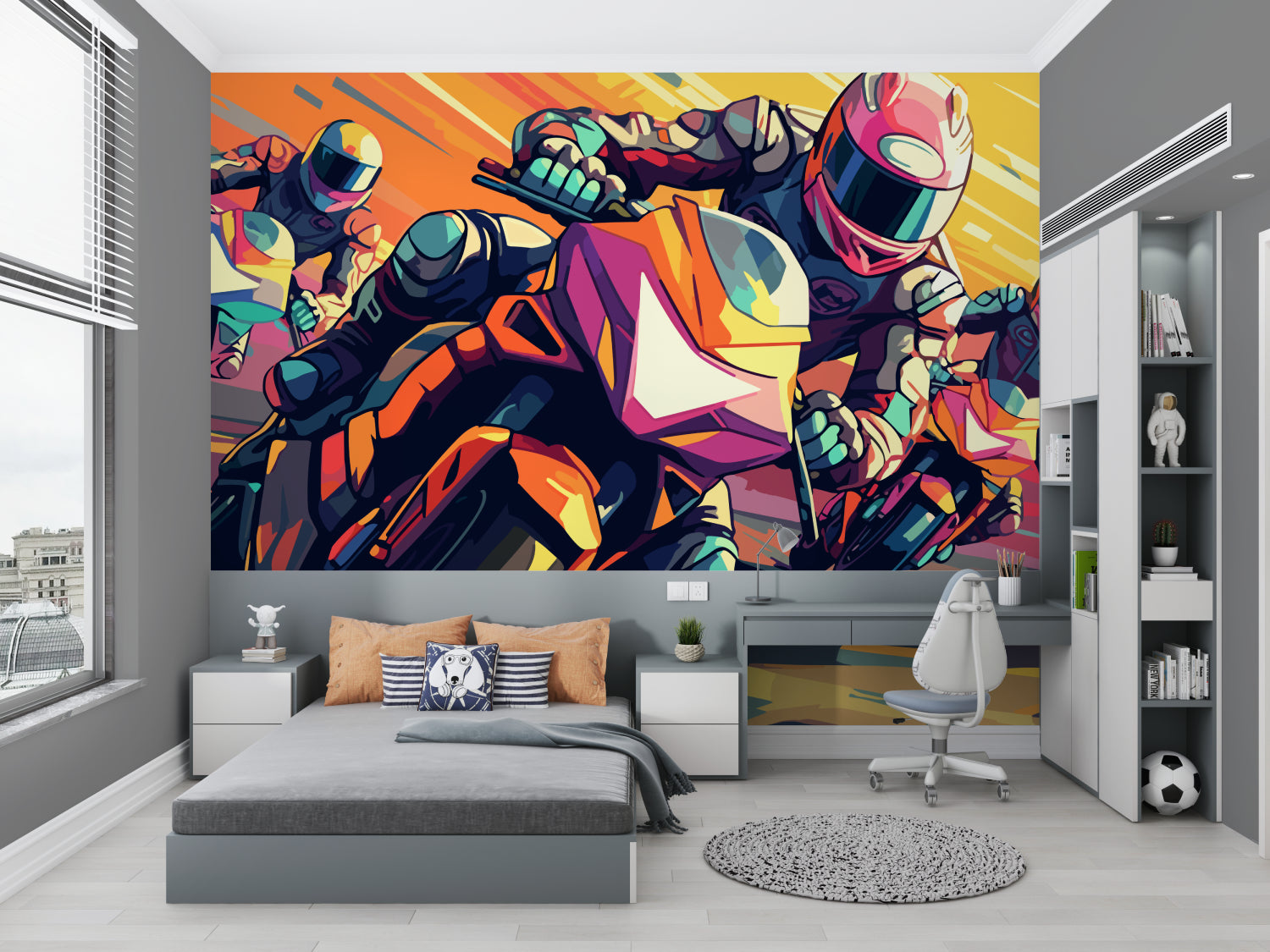 Street art racing mural energizing a teen bedroom with bold colors and dynamic design