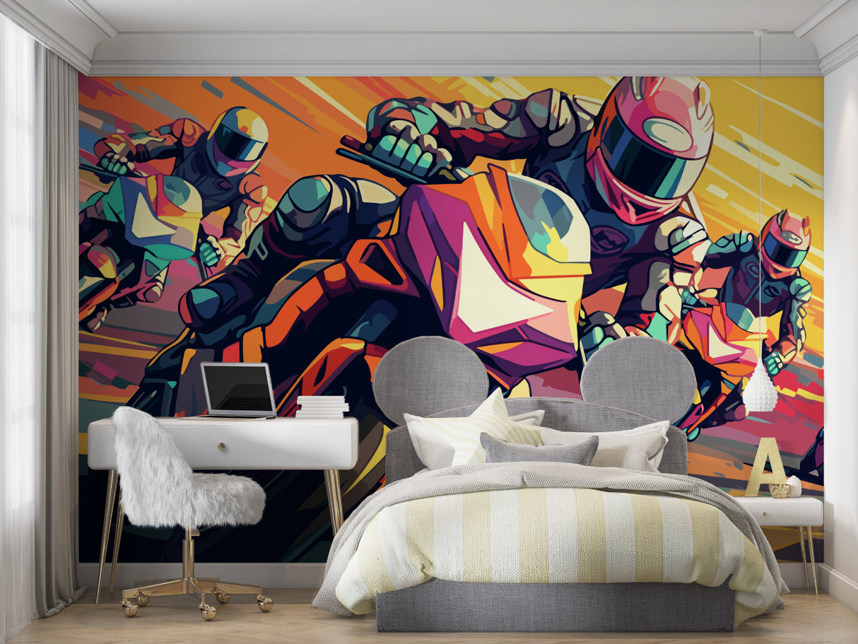 Sports themed wall mural transforming home office with urban racing art