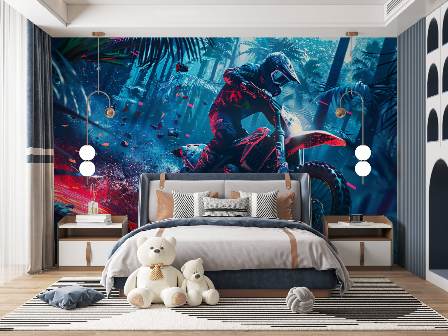 Neon motocross wallpaper transforming a home gym with dynamic action design