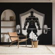Powerlifting gym wall mural displayed in a modern home gym with training equipment and natural lighting